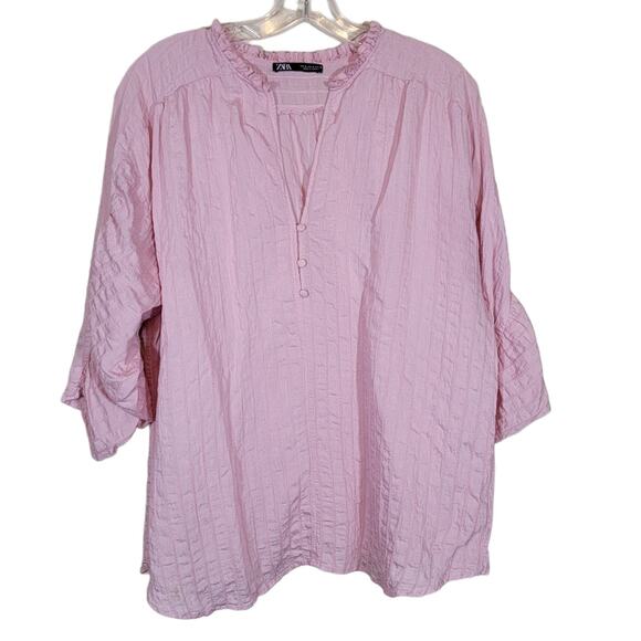 Zara Women's Pullover 1/2 Button Front V Neck Tunic Top Pleated Back Pink Medium - Picture 1 of 6